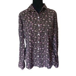 At Last Women's XL Brown/Pink Floral Long Sleeve  Cowgirl, Western Top, Vtg.